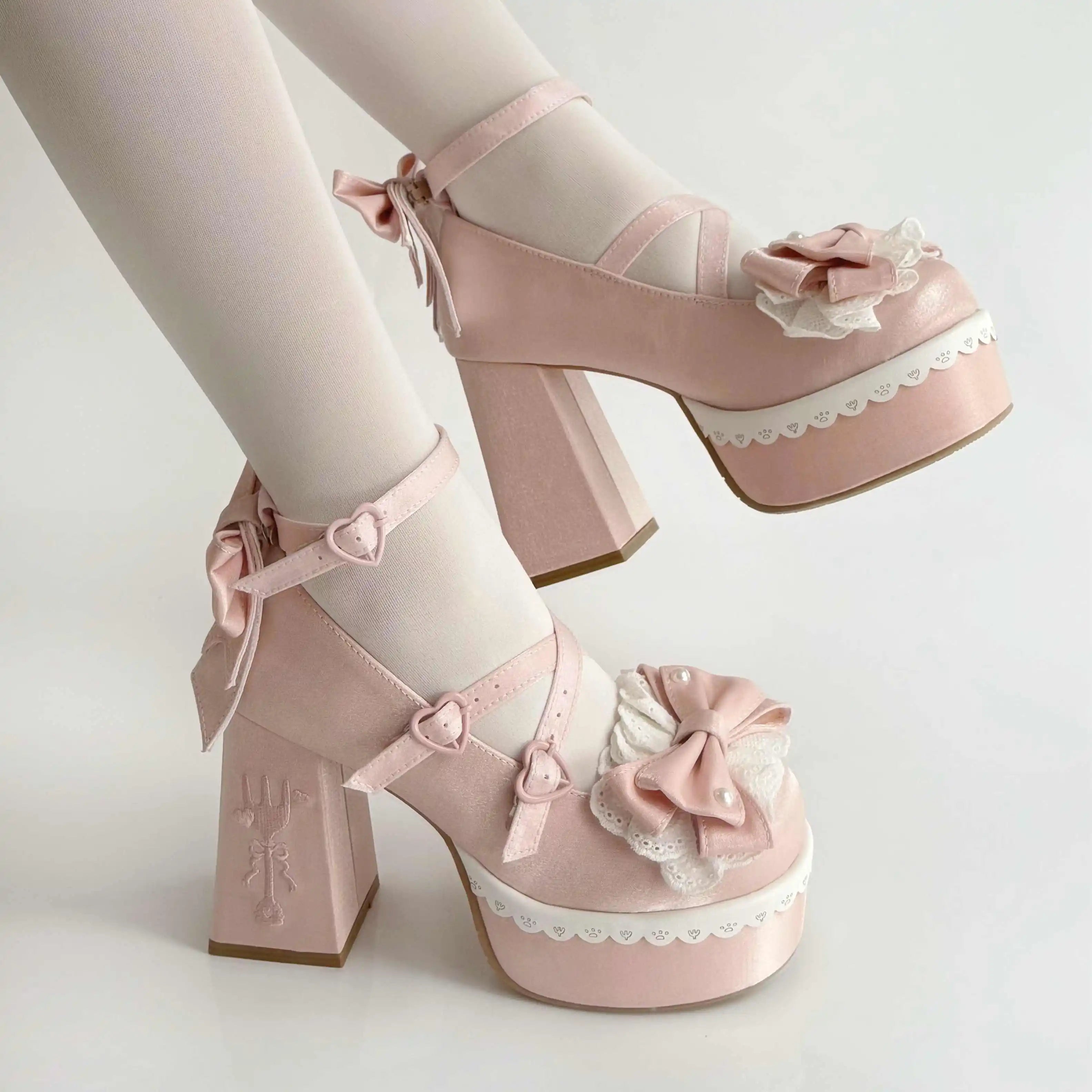 Lovely Girls Lolita High Heels Platform Shoes ,Young Women Students Sweet Pearl Lace Bowknots Embroidery Ankle Strap Mary Janes