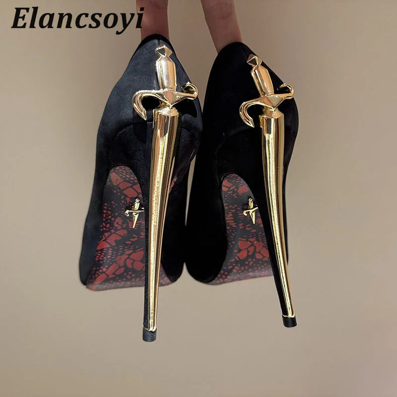 Women Pumps Real Leather Metal Sword Pointed Toe High Heel Shallow Mouth Thin Heel Single Shoes Spring Autumn Sexy Runway Shoes