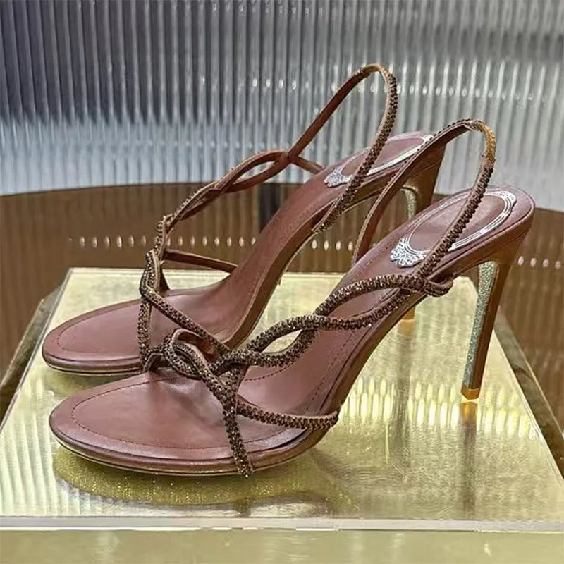 Summer High Heels Sandals For Woman Bling Rhinestone Cross-tied Banquet Dress Shoes Open Toe Stiletto Crystal Sandalias Women