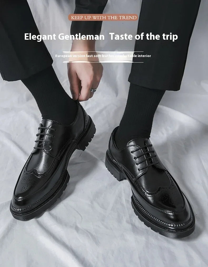 New leather shoes for young men British Brock formal business increase casual black wedding groom lace-up men's shoes