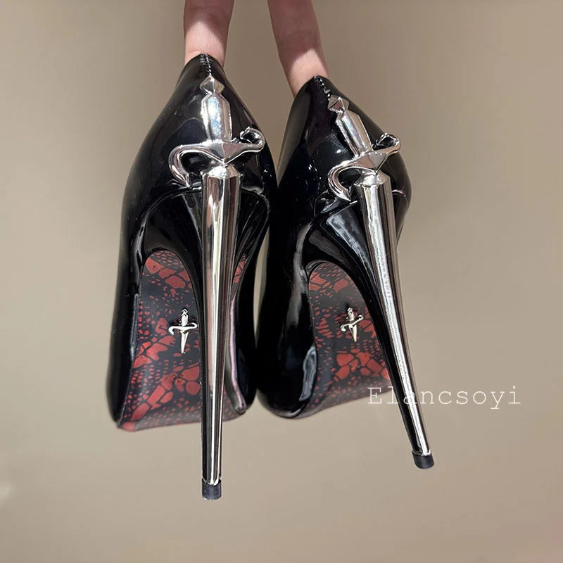 Women Pumps Real Leather Metal Sword Pointed Toe High Heel Shallow Mouth Thin Heel Single Shoes Spring Autumn Sexy Runway Shoes