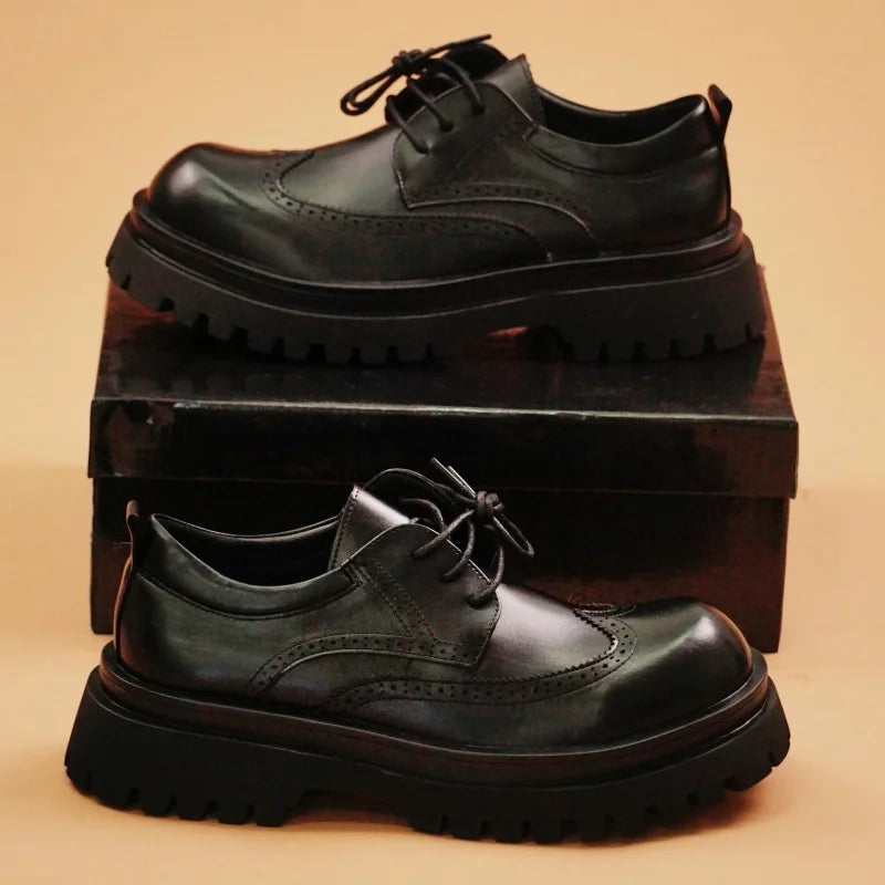 British Style Men's Block Shoes Thick Soled Durable for Office Interviews Formal Shoes Retro Brown Men's Shiny Leather Shoes3846