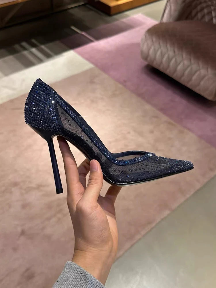 Blue Mesh Diamond Studded Pointed High-Heeled Shoes with Fine Heels Crystal Shoes, New Slim Heels Hollowed Out Lace Single Shoes