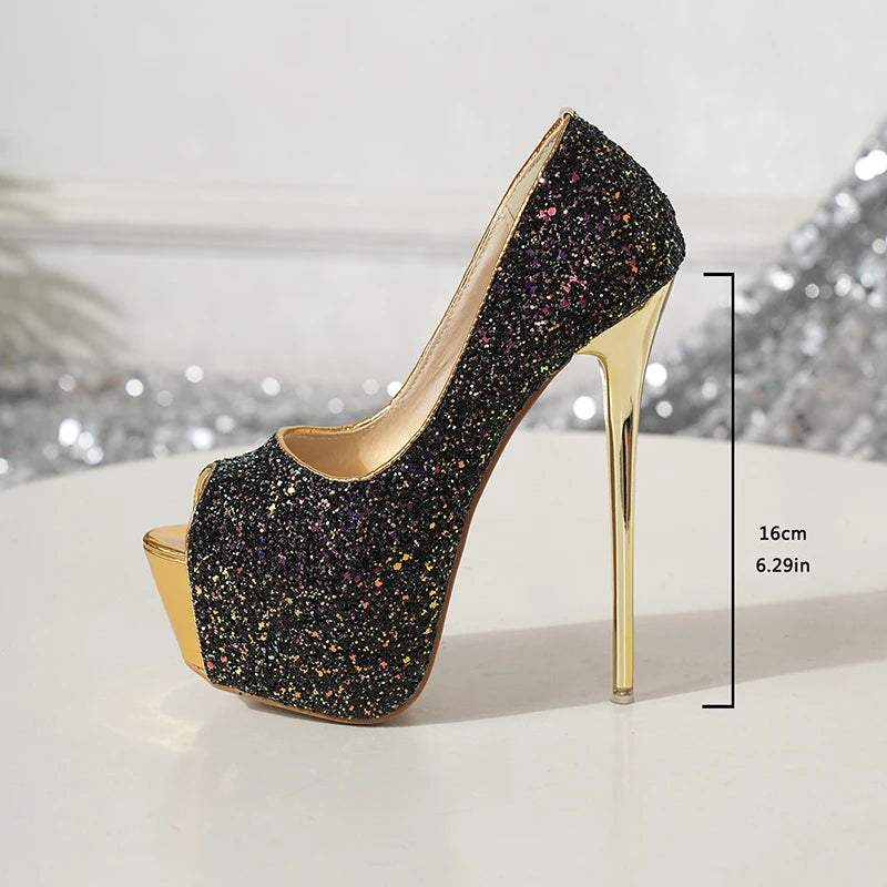 Aneikeh Sexy Peep Toe Thin High Heels Spring Sequined Nightclub High-heeled Fashion Platform Pumps Women Wedding Party Shoes