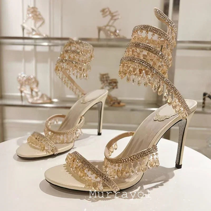 Tassels Rhinestone Decor Thin High Heels Sandalias Women Ankle Snake Shaped Strap Entanglement Sandals Summer Party Dress Shoes