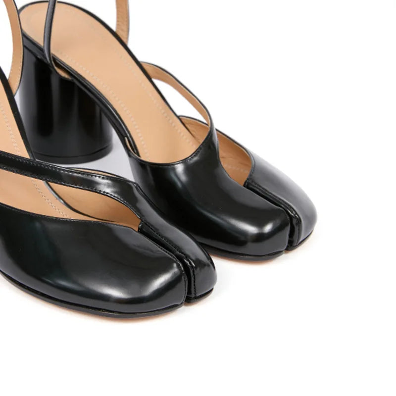 New Fashion Patent Leather Cross Strap Tabi Women Sandals Summer Slingbacks Split toe Thick High heels Chunky Shoes Sandals
