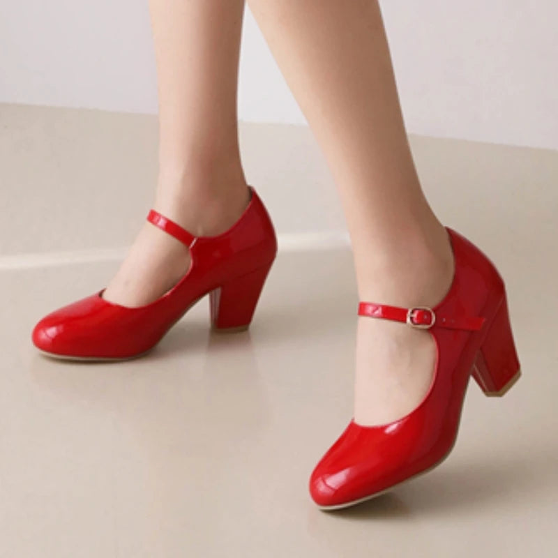 Women's Navy Blue High Heels Pumps Big Size 45 Lolita Mary Jane Shoes Elegant Black Red Pink Heeled Office Wedding Dress Shoes