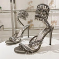 Tassels Rhinestone Decor Thin High Heels Sandalias Women Ankle Snake Shaped Strap Entanglement Sandals Summer Party Dress Shoes