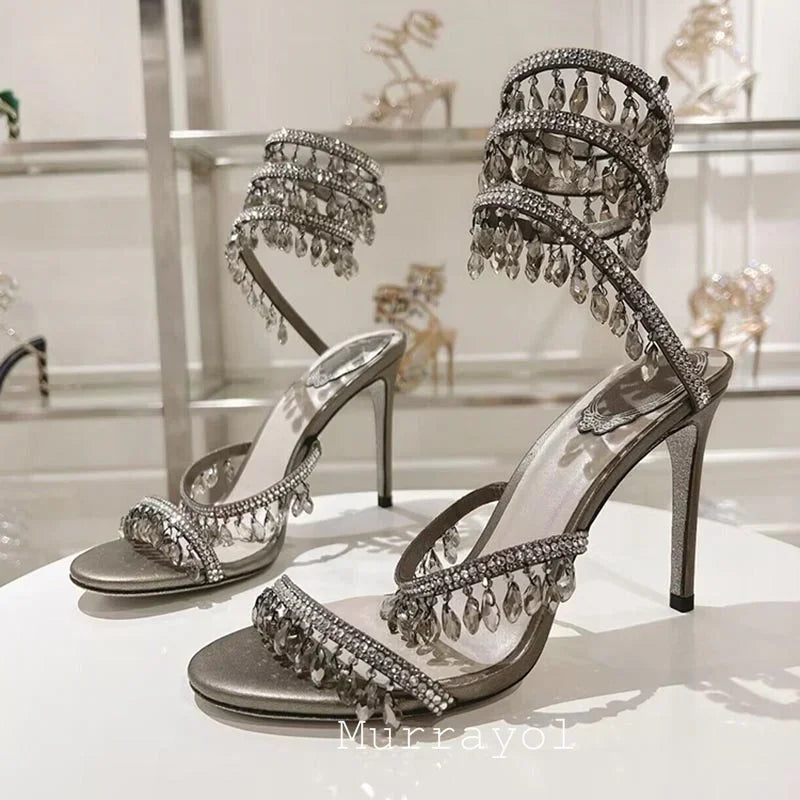 Tassels Rhinestone Decor Thin High Heels Sandalias Women Ankle Snake Shaped Strap Entanglement Sandals Summer Party Dress Shoes