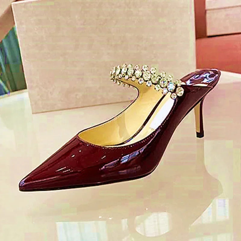 2026 New Fashionable Fine Heeled Muller Shoes with Pointed Water Diamond Chain Banquet Shallow Mouth Women's High Heel Sandals