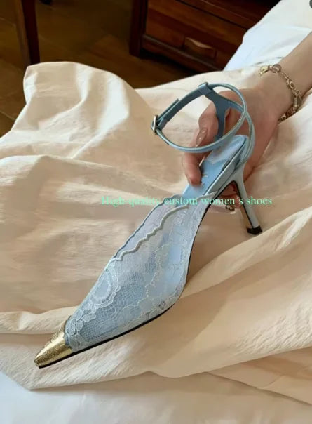 Pointed Color Blocking Lace is Breathable Women's Wedding Shoes Mesh One-strip Stilettos Luxury Women's Shoes Shallow Banquet Sh