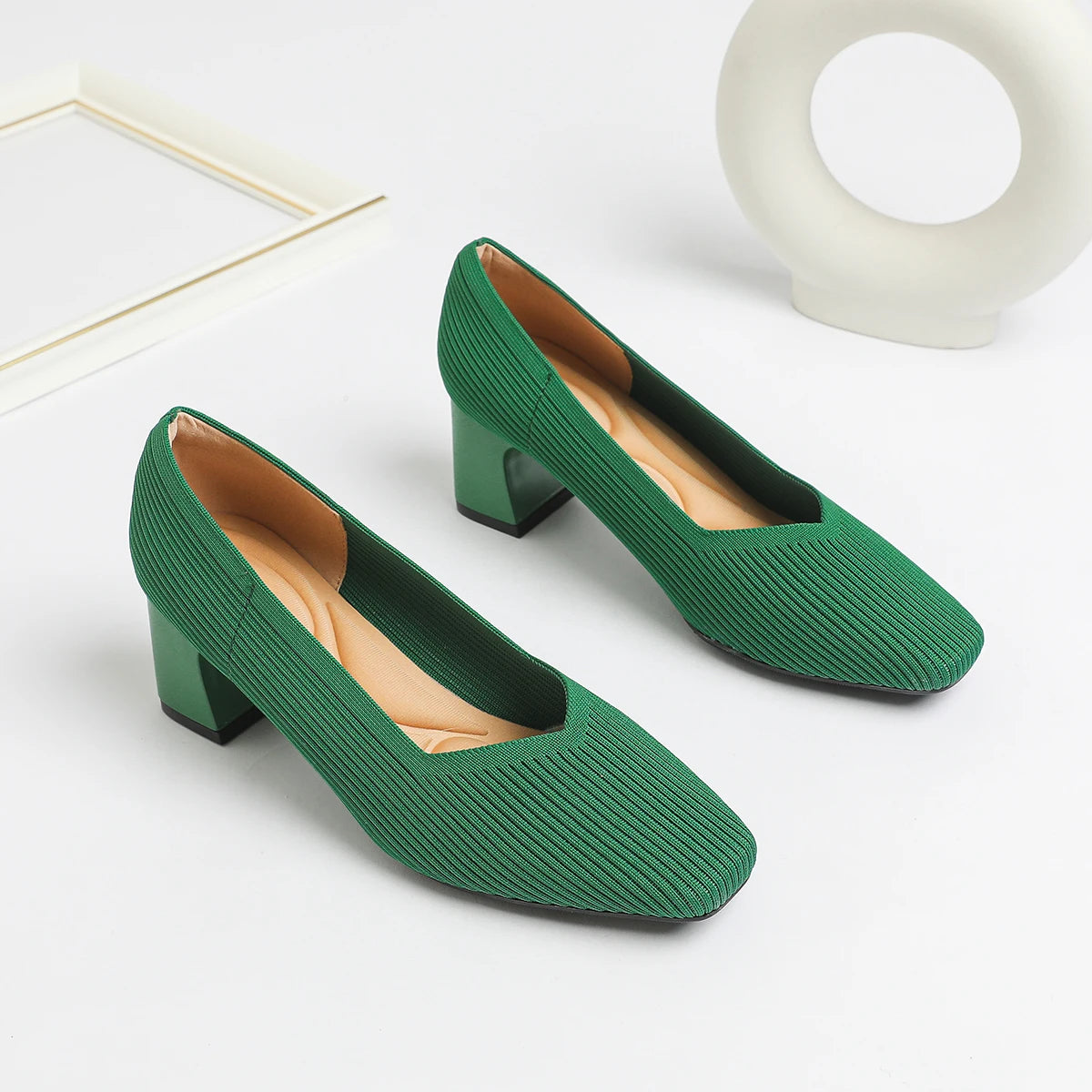 Women's High Heels Comfortable Square Knitted Breathable Comfortable Shoes (5cm High) Autumn 2025 New Collection