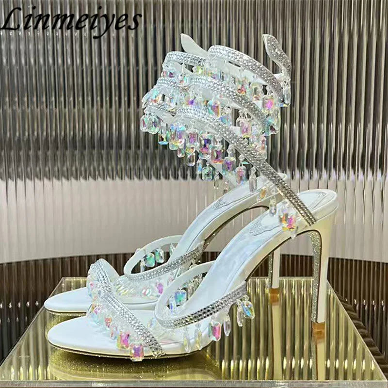 Luxury High Heels Sandals Women Crystal Pendant Snake Twine Around Ankle Strap Wedding Shoes Summer Bohemian Sandals Woman