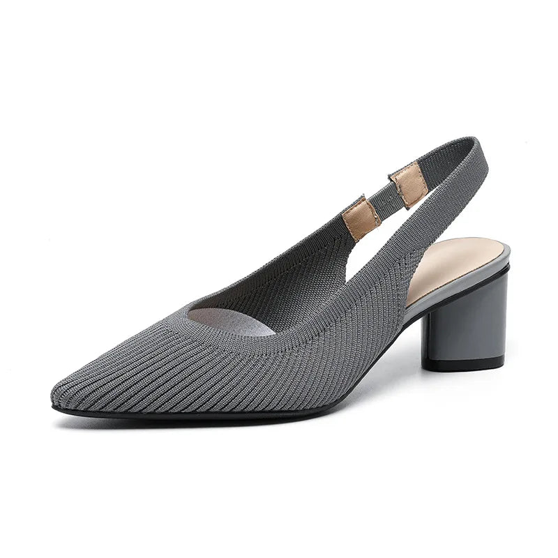 Sandals for Women Heels Knitted Rear Empty Strap Fashion Sandals Pointed Head Shallow Mouth Side Empty Daily Thick Heel Sandals