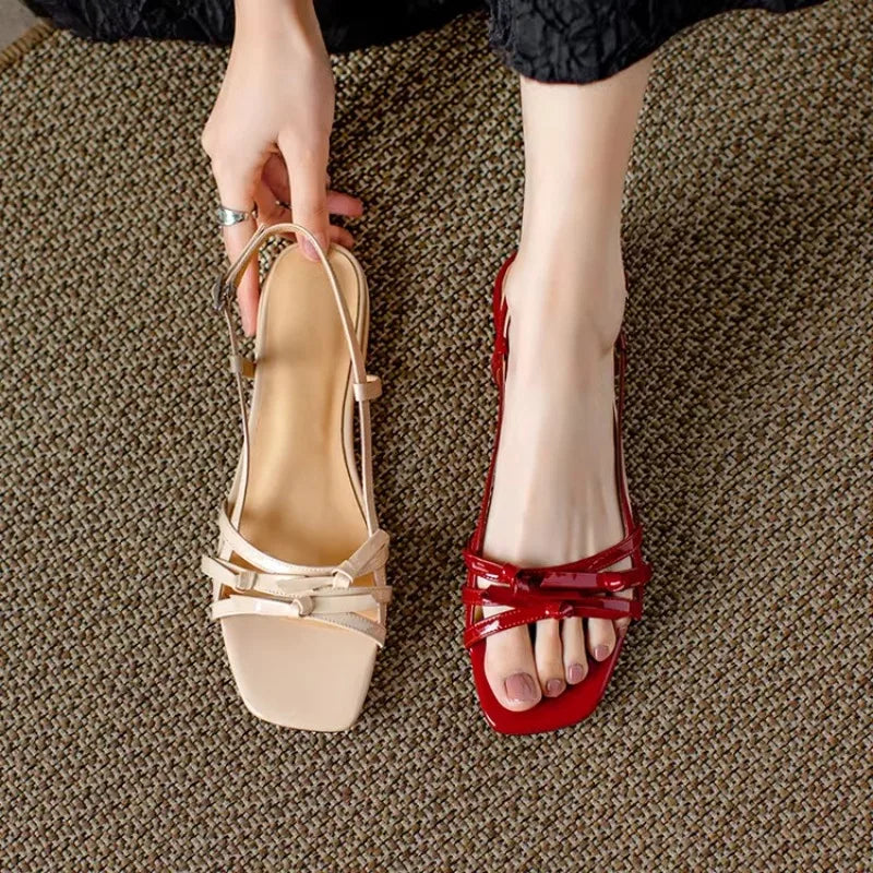 2025 New Stunning Designer Square Toe Single Side Butterfly Red Sandals Summer New Low Heeled Women's Sandals