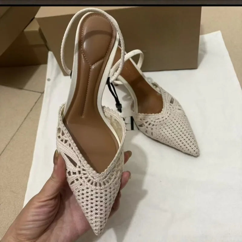 Elegant Crochet Slingback High Heels Women Pointed Toe Hollow Out Pump Sandals Woven Fabric Summer Party Wedding Dress Shoes
