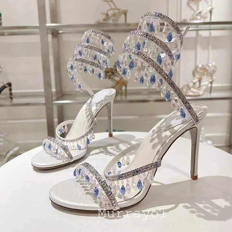 Tassels Rhinestone Decor Thin High Heels Sandalias Women Ankle Snake Shaped Strap Entanglement Sandals Summer Party Dress Shoes