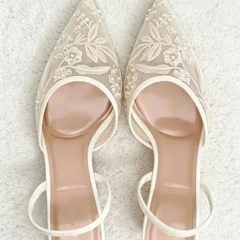Elegant Mesh Embroidered Flowers Designer Heeled Sandals Women 2025 Summer Sexy Slingback Pointed Toe Thin High Heels Dress Shoe
