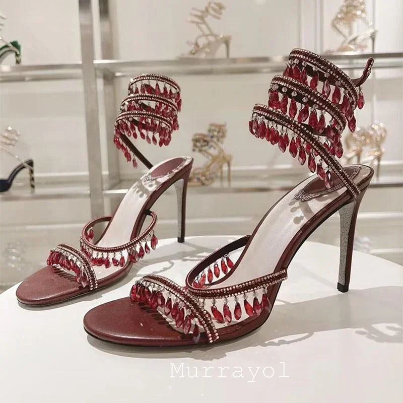 Tassels Rhinestone Decor Thin High Heels Sandalias Women Ankle Snake Shaped Strap Entanglement Sandals Summer Party Dress Shoes