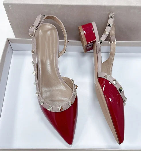 Women Real Leather Shiny Back Buckle Strap Fashionable Sandals European And American Style Trendy Shoes Closed Toe Gold Studs 42
