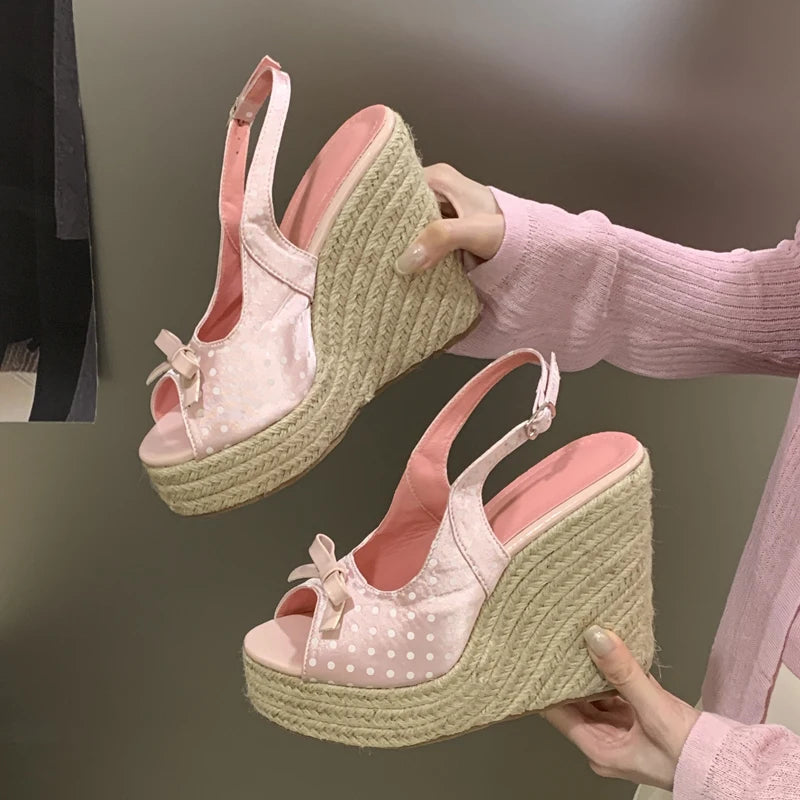 Aneikeh Summer Thick Soled Grass Woven High Heels Casual Retro Roman Sandals Polka Butterfly-kont Wedge Platform Woman Sandals