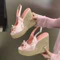 Aneikeh Summer Thick Soled Grass Woven High Heels Casual Retro Roman Sandals Polka Butterfly-kont Wedge Platform Woman Sandals
