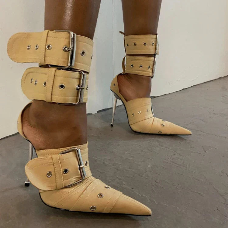 Denim Metal Rivet Buckle Silver Sandals Women's Sexy Punk Style Pointed Metal Hollow 12cm High Heels Size 34-43 Womens Shoes