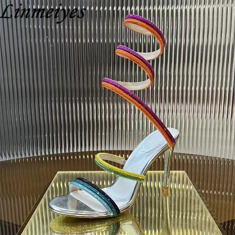 Luxury High Heels Sandals Women Crystal Pendant Snake Twine Around Ankle Strap Wedding Shoes Summer Bohemian Sandals Woman
