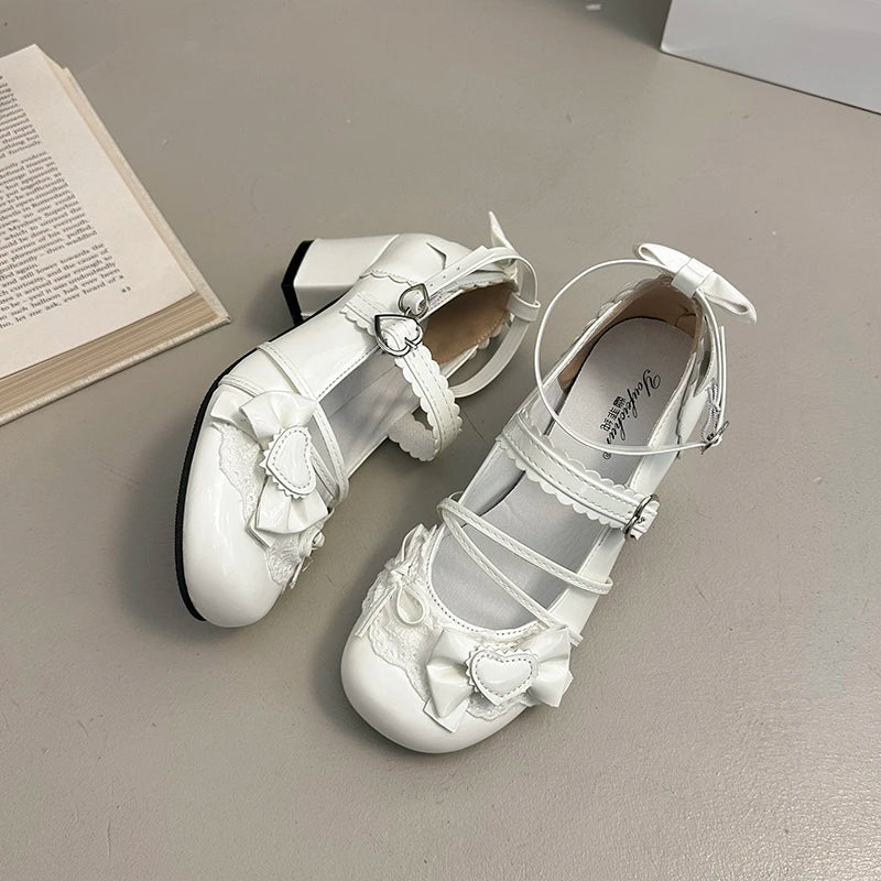 Butterfly-knot Lolita Women Mary Jane Shoes Elegant Round Toe Thick Heel Shoes Ladies Fashion Dress Pumps