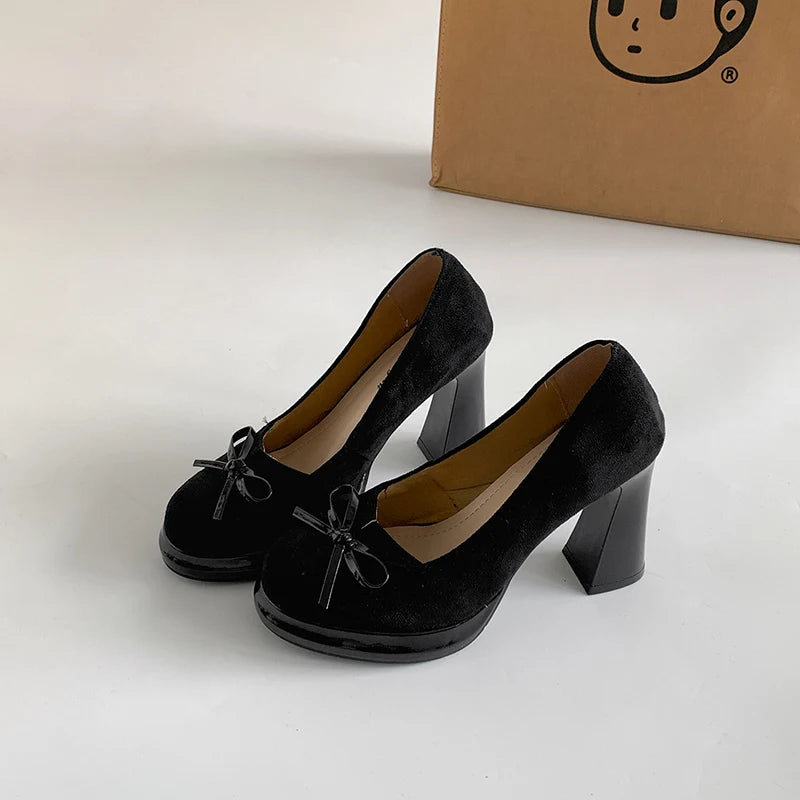 Butterfly-knot Women Mary Jane Shoes Fashion Shallow Slip On Pumps Concise Dress Thick Heel Ladies Footwear