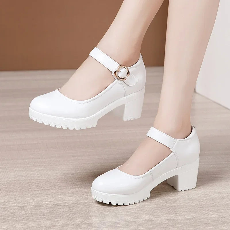 6 8 10cm Small Size 32-43 Shallow Thick Bottom Genuine Leather Shoes Platform Pumps 2026 Block High Heels Shoes Office Model