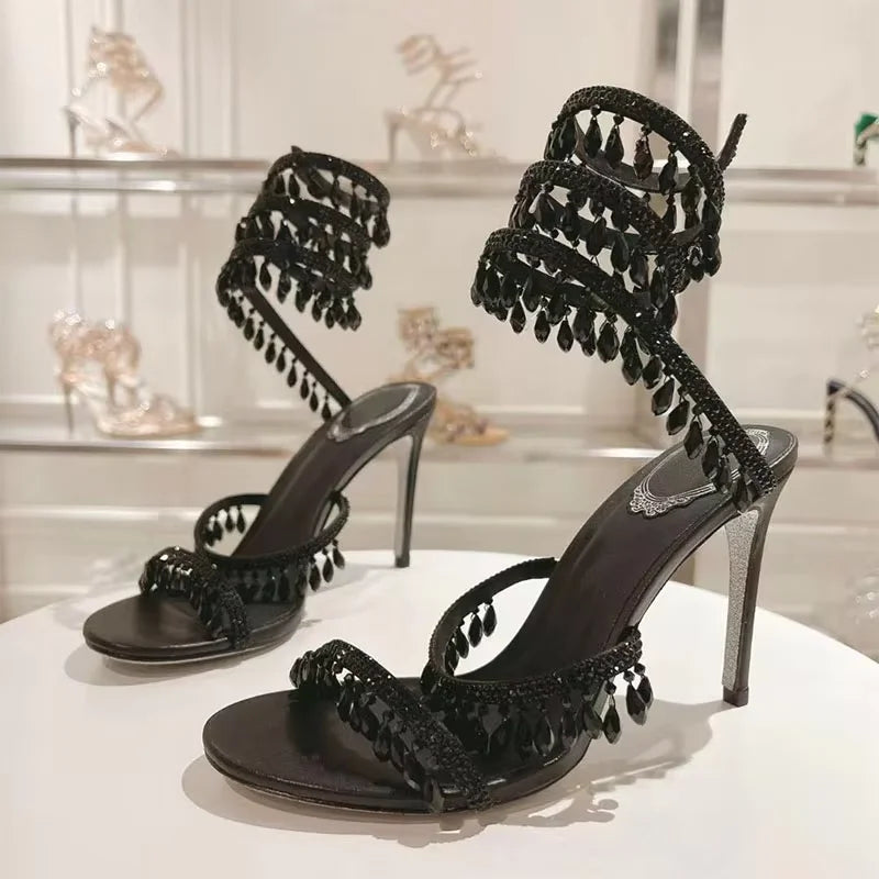 Sexy High Heels Gladiator Sandals Women Crystal String Bead Snake Twine Around Ankle Strap Wedding Shoes Summer Sandals Woman