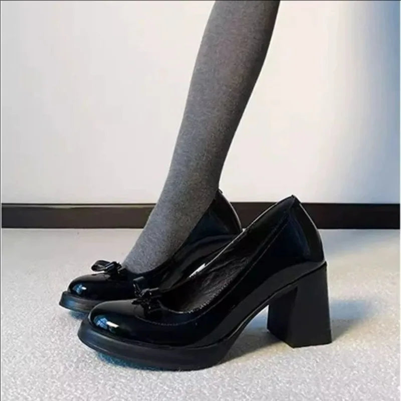 Vintage Bow Shallow Single Shoes Women Slip-On High Heels Block Heel Versatile Commuter Mary Jane Shoes