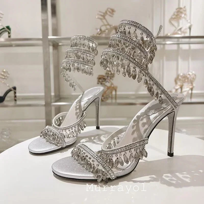 Tassels Rhinestone Decor Thin High Heels Sandalias Women Ankle Snake Shaped Strap Entanglement Sandals Summer Party Dress Shoes