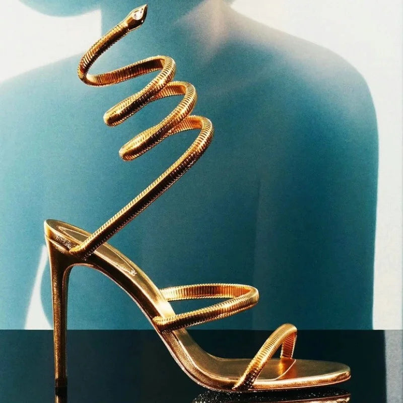 2026 Summer New Gold One-Line Strappy Sandals Women Snake Wrapped Sexy Square Head High Heels Stiletto Party Shoes