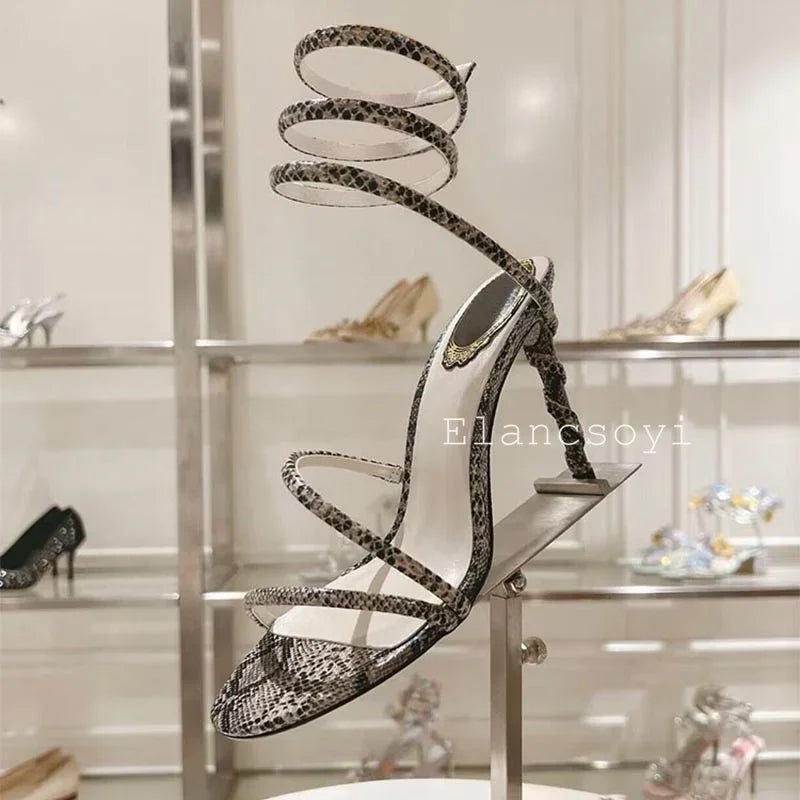 Thin Heels Gladiator Sandals Women's Shiny Rhinestone Ankle Snake Shaped Winding Party Shoes Summer Fashion High Heels Sandalias