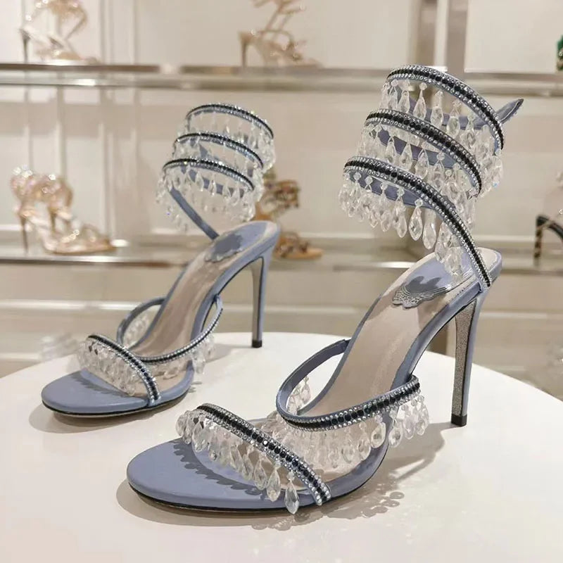 Luxury High Heels Sandals Women Crystal Pendant Snake Twine Around Ankle Strap Wedding Shoes Summer Bohemian Sandals Woman