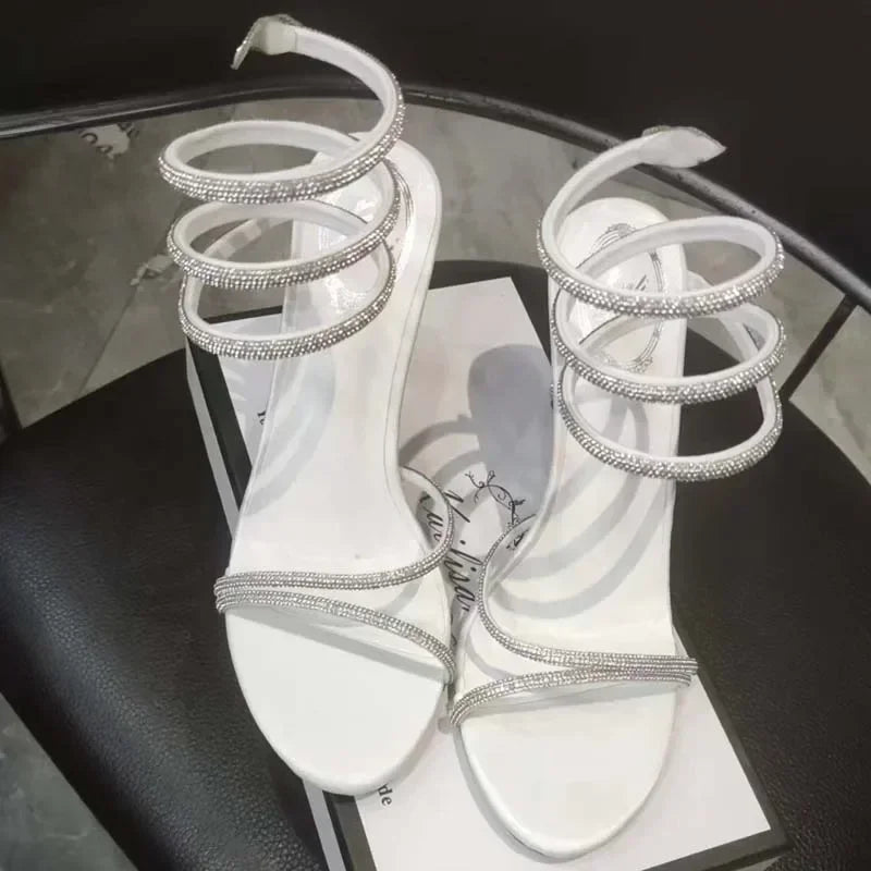 Eilyken Street Style Crystal Diamonds Ankle Strap Women Sandals Sexy Open Toe Thin High Heels Party Prom Summer Shoes