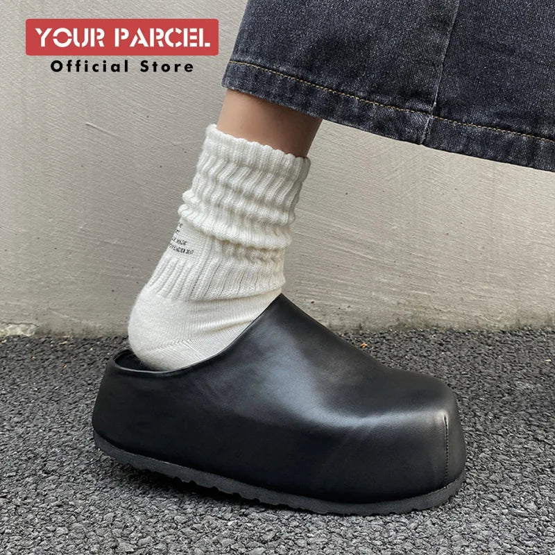 Black Boken leather shoes for men's thick soled design slippers summer new big toe mules shoes outdoor