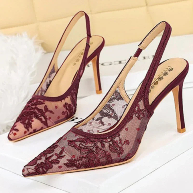 Elegant Embroidered Mesh High Heels for Women Sexy Pointed-toe Designer Pumps Luxury Party Dress Shoes Sandals