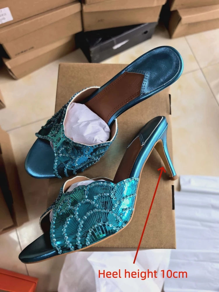 2026 New Gold Pineapple Sexy Rhinestone Fine High Heel Sandals Women's Outdoor Wear Glamorous Lady Executive Plus Size Slippers