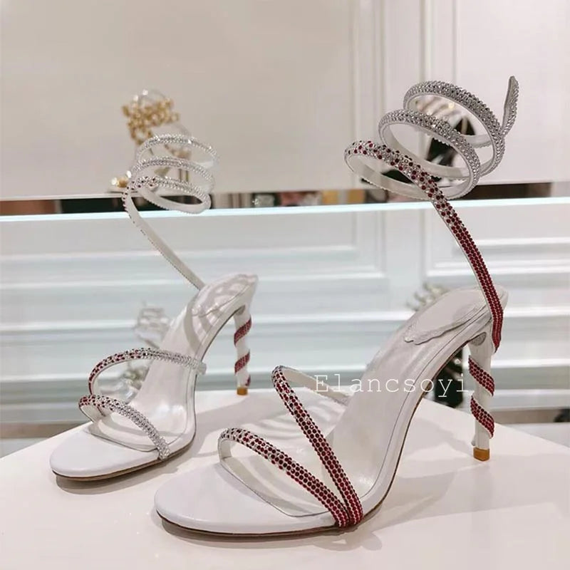 Thin Heels Gladiator Sandals Women's Shiny Rhinestone Ankle Snake Shaped Winding Party Shoes Summer Fashion High Heels Sandalias