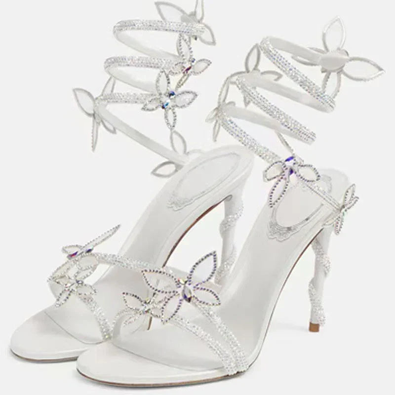 Luxury Designer Pink Flower Rhinestone High Heels Sandals Shoe Sexy Wrap Strap Open Toe Stripper Prom Party Ladies Shoes