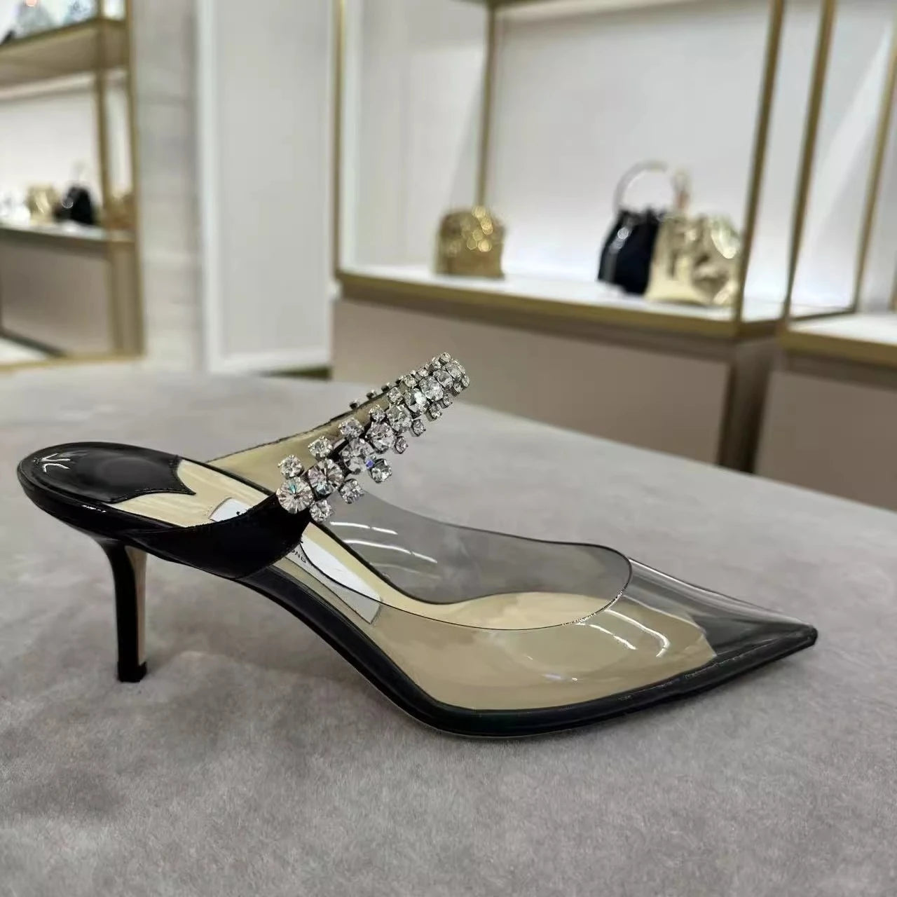 2025 Summer New Pointed High Heels Women's Muller Shoes Transparent Water Diamond Sexy Fashion Thin Heel Women's Sandals