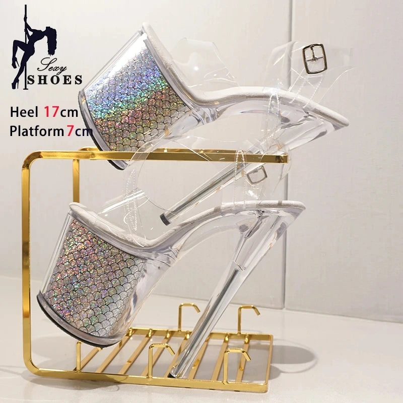 High-quality 17CM/7inches Women Sandals Stripper High Heel Shoes Transparent Platform Glitter Stiletto Pole Dance Shoes Wedding