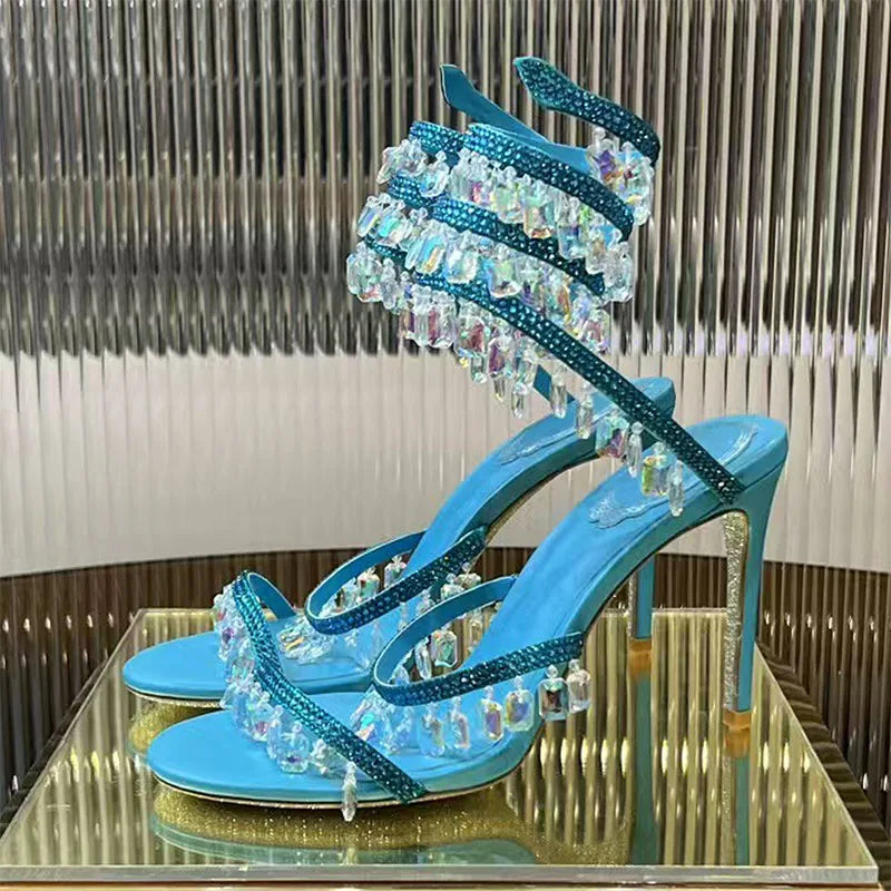 Luxury High Heels Sandals Women Crystal Pendant Snake Twine Around Ankle Strap Wedding Shoes Summer Bohemian Sandals Woman