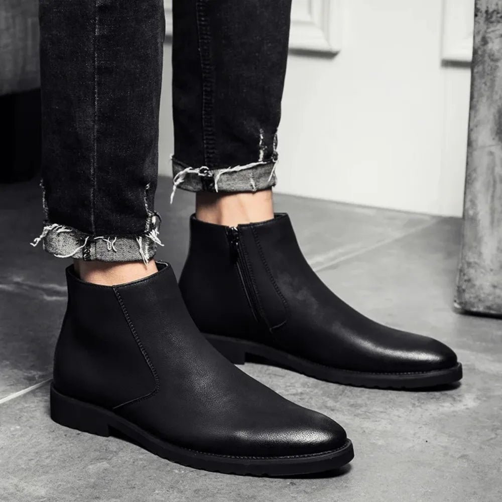Spring Fashion Leather Men's Boots Convenient Zip Pointed Toe Business Dress Boots Shoes for Men Black Brown Ankle Boots for Man