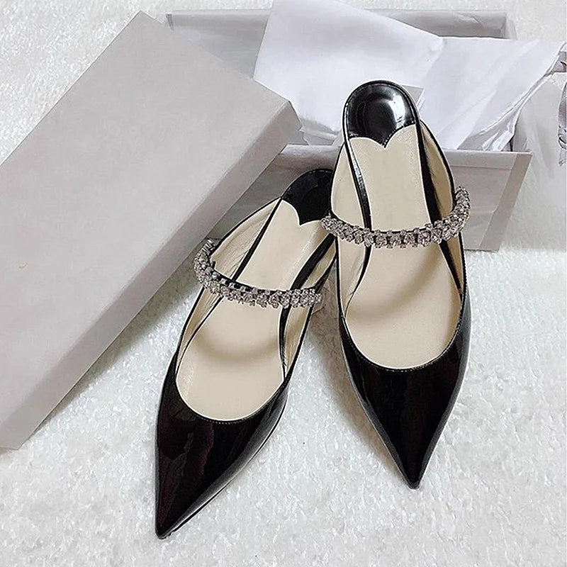 2026 New Fashionable Fine Heeled Muller Shoes with Pointed Water Diamond Chain Banquet Shallow Mouth Women's High Heel Sandals