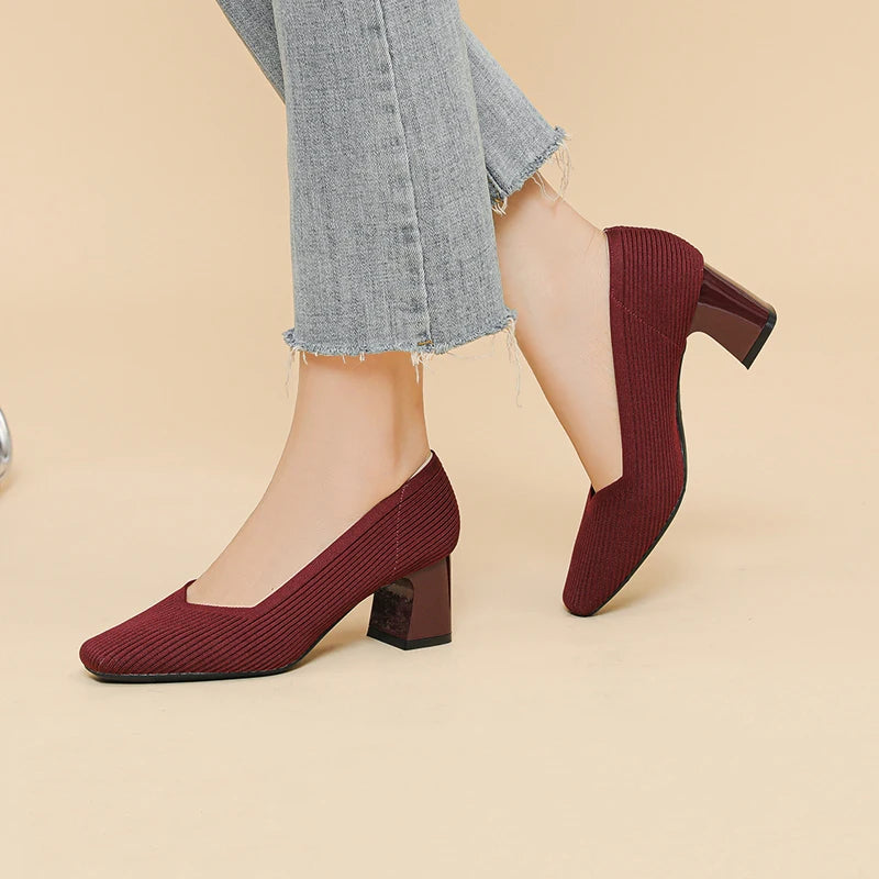 Women's High Heels Comfortable Square Knitted Breathable Comfortable Shoes (5cm High) Autumn 2025 New Collection