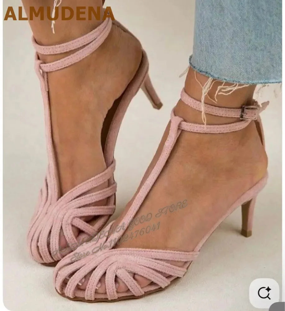 ALMUDENA Champagne Gold Silver Strappy Sandals Stiletto Heel T-Bar Narrow Band Caged Summer Dress Shoes Hollow Out Banquet Shoes
